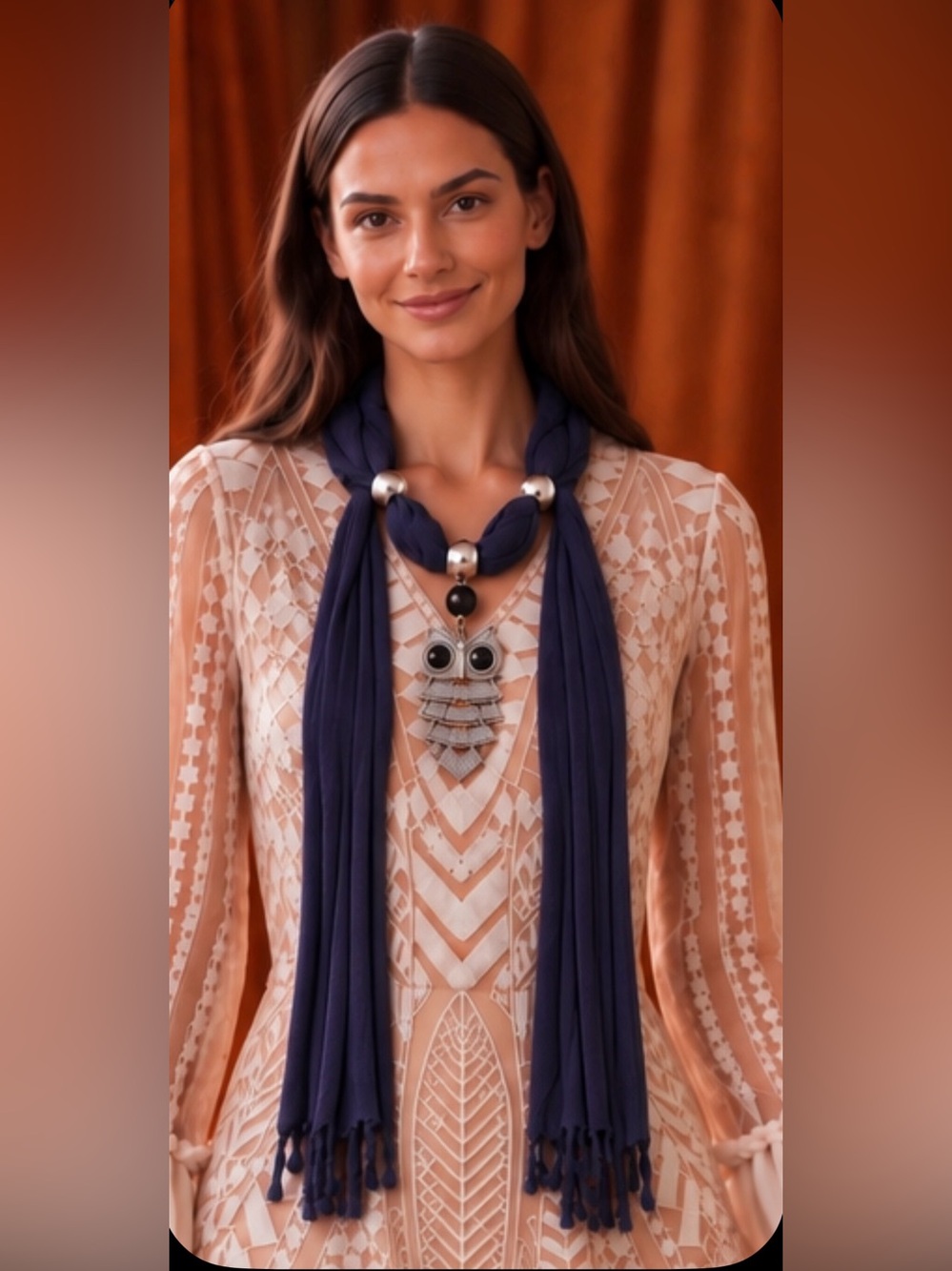 Navy Blue Statement Owl Pendant Scarf Necklace - Women Jewelry
